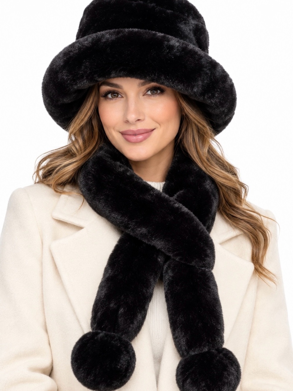 Vintage Black Faux Fur Cloche Hat & Pom Pom Scarf Set Made in Korea